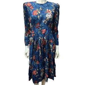 Miss Darby Blue Floral Long-Sleeve Midi Dress, Size 10 Cottagecore/Victorian